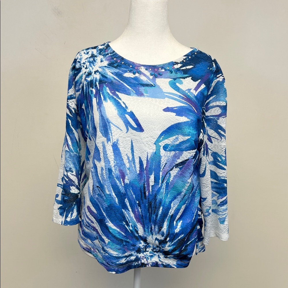 Alfred Dunner Chic Floral Blue  White Top with Jewels Long Sleeves Petite XL